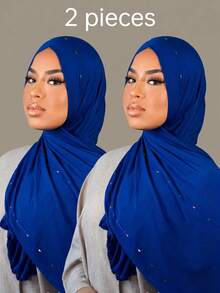 2pcs Women's Rhinestone Embellished Solid Color Jersey Soft Headscarf Arabic Casual Long Scarf Conservative Solid Color Headwrap Suitable For Daily Use - Blue 2-pack - View 1