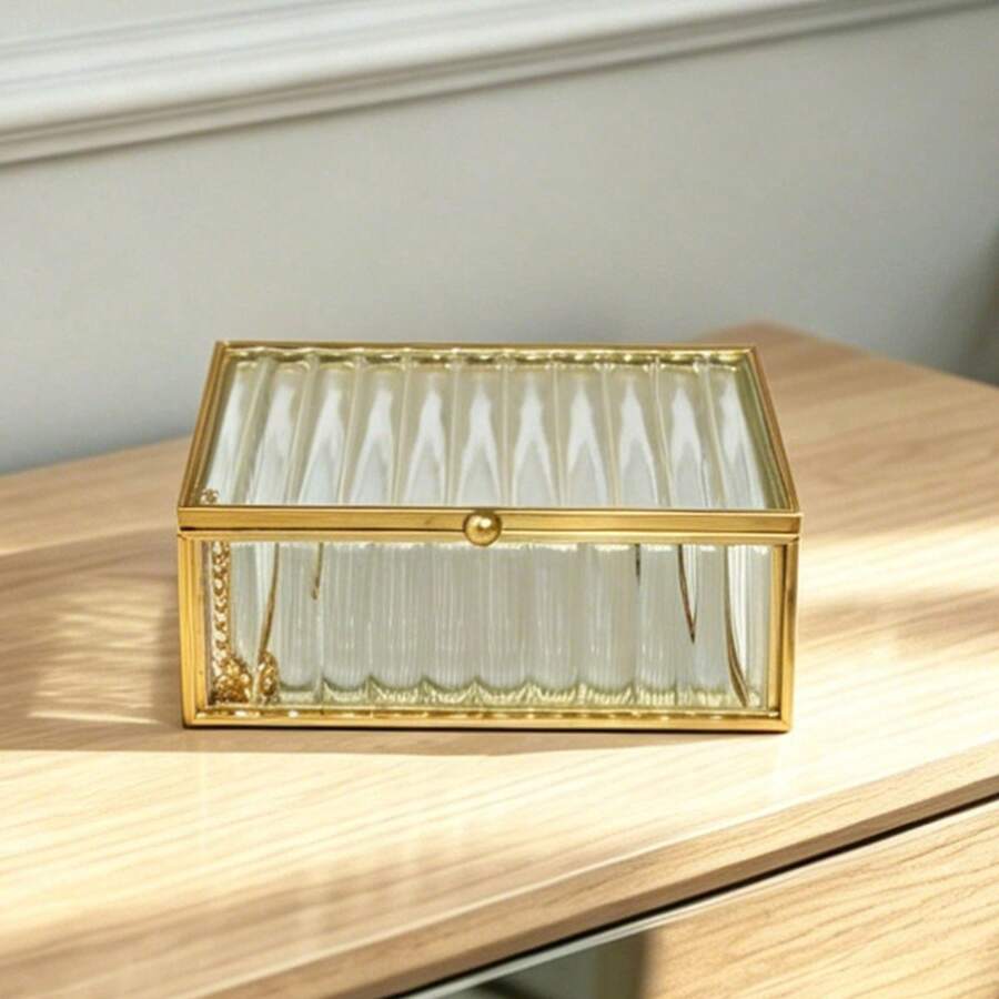 SIQIZHOU 1pc Transparent Striped Glass Jewelry Box With Copper Metal Frame - Striped Glass - View 1