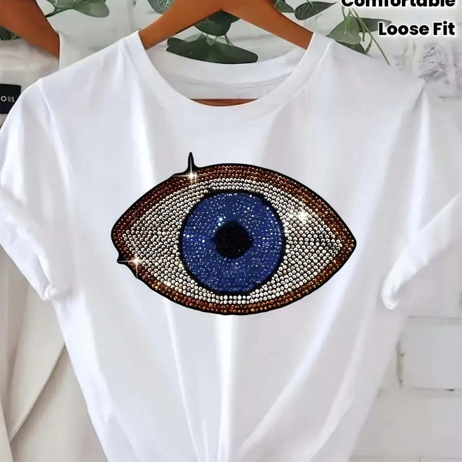 Women's Oversized White T-Shirt With Large Eye Print, Simulated Rhinestones, And Round Neck - White - View 1