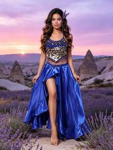 Professional Belly Dance Mesh Coin Halter Crop Top, Elastic Waist High Slit Flowy Satin Skirt For Dance Training, Shows And Competitions - Multicolor - View 12