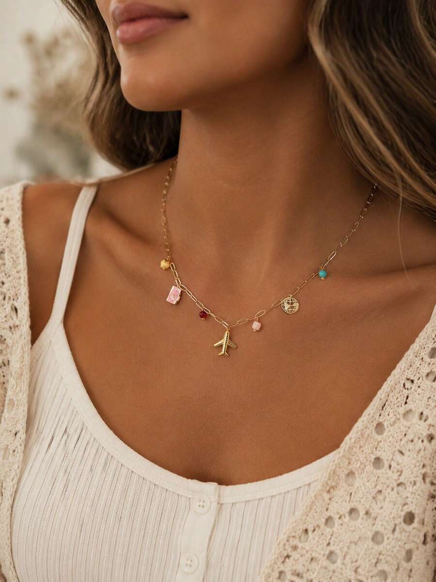 Nooxian 1pc Women's Necklace, Bohemian Beach Tassel Layered Style, Copper Zirconia Airplane Map Pink Camera Pendant, Dopamine Colorful Natural Stone Turquoise Beads Paperclip Chain Necklace, Daily Accessory Gift - Yellow Gold - View 1