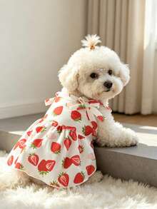 Fresh Strawberry Print Camisole Pet Dress, Bow Tie Strap Dog Dress For Maltese Teddy, Breathable Summer Princess Dress For Small And Medium Puppies, Lightweight Outdoor Photo Outfit - Red and White - View 4
