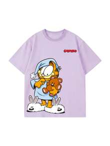 SHEIN | Garfield Women's Light Purple Double Sided Tee, Front Small Red Logo Bottom Sleepwear Holding Teddy Rabbit Slippers Print Loose Short Sleeve - Mauve Purple - View 3