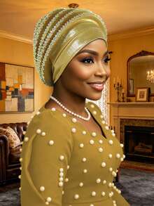 1pc Shiny Satin Rhinestone-Studded Hood, Nigerian-Style One-Piece Headscarf, Perfect For Wedding Party Dresses. - Multicolor - View 5