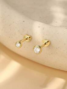 AnlaScheer 1pc 925 Sterling Silver Round Bezel Flat Back Helix Cartilage Piercing Earring, Women's Engagement Wedding Bridal Jewelry - Gold - View 8