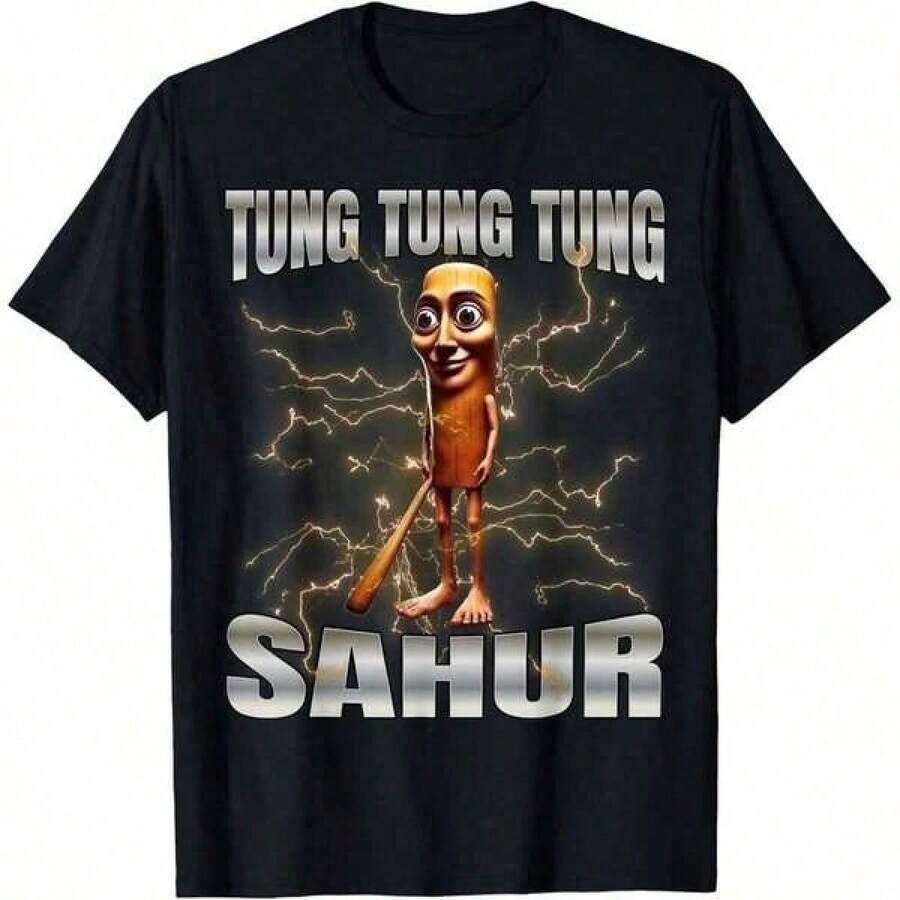 Summer Tops 2026 Cotton T-Shirt Tung Tung Tung Sahur T-Shirt Men's Clothing Men's T-Shirts Men's T-Shirts For Summer Sets Summer Clothes For Men Ban T-Shirts - 黑色 - 查看 1