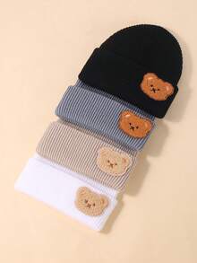 1/4pcs Baby Cute Plush Bear Knitted Hat, Autumn/Winter Warm Ribbed Knit Hat, Unisex Infant Toddler, Soft Breathable Elastic Cuffed Hat, - Multicolor - View 8