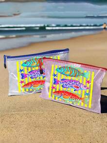 Bolsa de playa impermeable de moda con patrón de peces de colores, bolsa de maquillaje transparente de gran capacidad con tema oceánico, cremallera de nailon, bolsa de almacenamiento ligera con protección solar, bolsa de almacenamiento multifuncional, adecuada para natación, playa, buceo y verano - Multicolor - Ver 5