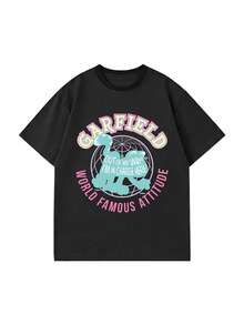 SHEIN | Garfield 女款黑色圓領T恤，馬卡龍色地球卡通貓態度標語印花，寬鬆大碼短袖，適合街頭旅行日常女孩休閒穿搭 - 黑色 - 查看 4