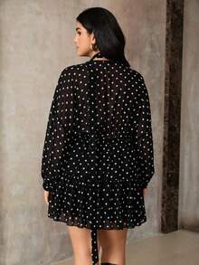 Roveilla Vestido de lunares negros con cuello en V y cintura con lazo, talla grande, otoño/invierno - Blanco - Ver 3