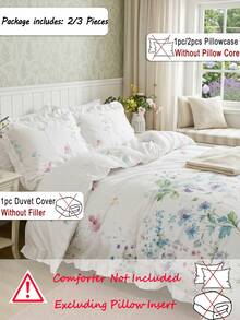 Juego de ropa de cama de 3 piezas con estampado floral blanco y ribete con volantes completos - Incluye 1 funda nórdica y 2 fundas de almohada (sin rellenos), estilo campestre fresco, ligero y transpirable, lavable a máquina, ropa de cama floral, estilo campestre, decoración del hogar con volantes - Multicolor - Ver 3