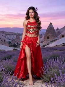 Professional Belly Dance Mesh Coin Halter Crop Top, Elastic Waist High Slit Flowy Satin Skirt For Dance Training, Shows And Competitions - Multicolor - View 9