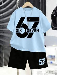 青少年男孩舒适夏季套装，包括印有数字“67”的圆领T恤和短裤 - 彩色 - 查看 1
