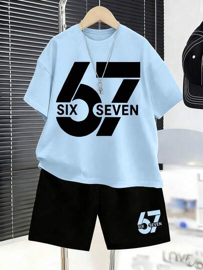 青少年男孩舒适夏季套装，包括印有数字“67”的圆领T恤和短裤