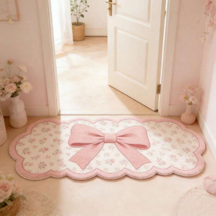 Asymmetrical Bow & Wave Shaped Daisy Print Rug, Soft Bed-Style Floor Mat, Hand Wash Only; Asymmetrical Floral Rug Suitable For Room, Bedroom
