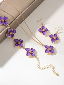 1 Set Cute Sweet Vacation Style Enamel Flower Necklace, Bracelet And Earrings Set, Can Be Layered Or Worn Separately, Suitable For Holiday Travel, Dating, Beach Vacation And Daily Wear, - Purple - View 2