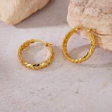 1pair French Vintage Stainless Steel Twist Hoop Earrings Textured Braided Wheat Ears Huggie Hoops Tarnish Free Waterproof Gold Jewelry Gift For Her - Gold - View 4