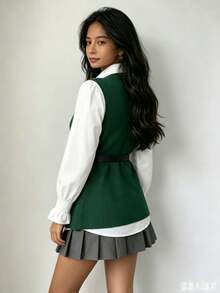 2-Piece Set: Long-Sleeved Dress Shirt + Ribbed Knit Vest With Side Slit And Belt - Green - View 2