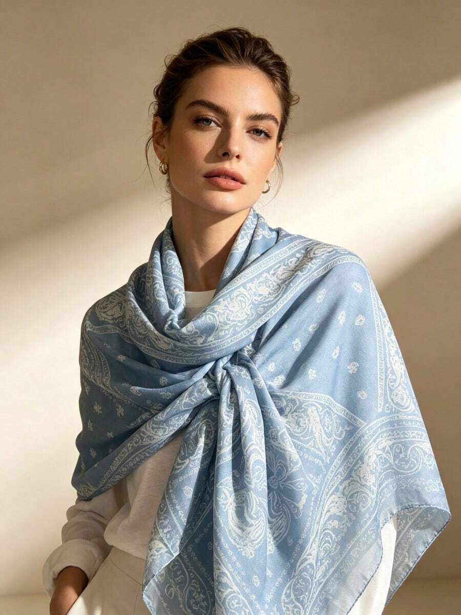 Moemton Light Blue And White Paisley Print Silk Scarf, French Riviera Coast Style Shawl, Soft Vacation Accessory - Blue - View 1