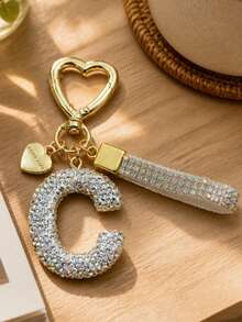 1 pieza Elegante Llavero de Aleación Dorada con Strass A-Z, Colgante de Letra Brillante y Pulsera de Diamante, Adecuado para Ocasiones Diarias y de Fiesta - Blanco - Ver 1