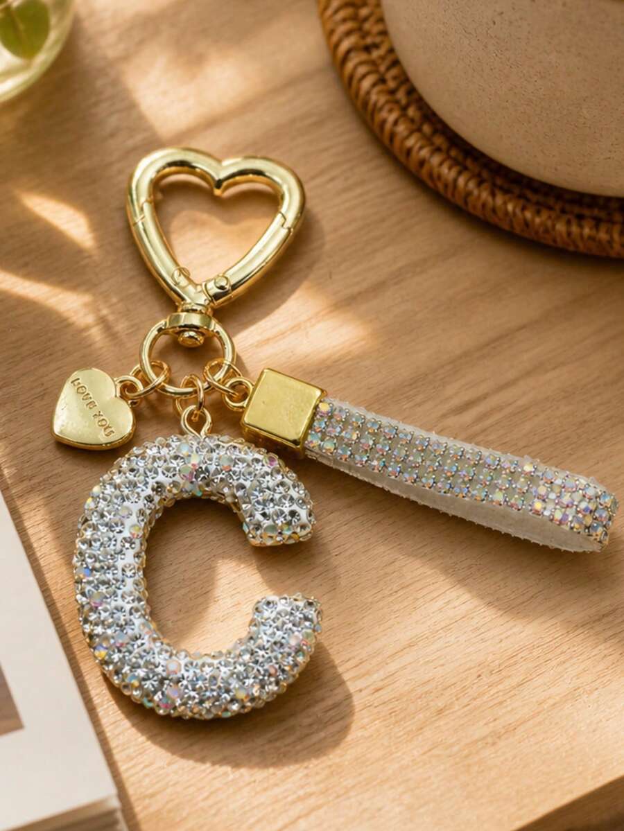 1 pieza Elegante Llavero de Aleación Dorada con Strass A-Z, Colgante de Letra Brillante y Pulsera de Diamante, Adecuado para Ocasiones Diarias y de Fiesta - Blanco - Ver 1
