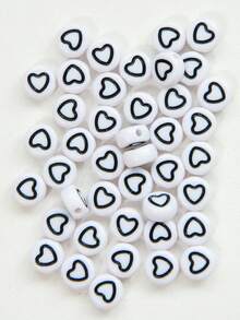 100-1000 pièces Perles en acrylique en forme de cœur, motif cœur avec goutte d'huile blanche et ligne noire, pour la fabrication de bijoux, les loisirs créatifs - Fond blanc avec des lignes noires et une forme de cœur - Voir 5