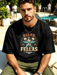 Vintage Cowboy Grafik Herren-T-Shirt, Hochwertiger Stoff, Lässig, Bequem, Strapazierfähig, Grafikdesign - Schwarz - Übersicht 1