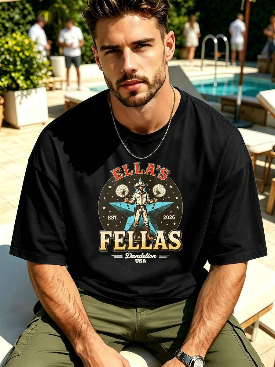 Vintage Cowboy Grafik Herren-T-Shirt, Hochwertiger Stoff, Lässig, Bequem, Strapazierfähig, Grafikdesign - Schwarz - Übersicht 1