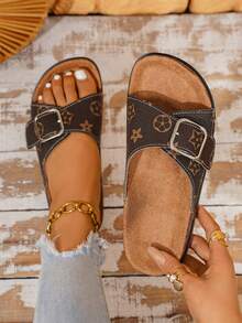 Louis Elegant Women's Shoes, New Summer Flat Sandals For Women, Cute Floral Print And Buckle Design, Open Toe Breathable Summer Slippers, Fashionable Vacation Style Beach Shoes, Elegant Women's Sandals, Faux Suede Insole With Arch Support Summer Sandals, Non-Slip Rubber Sole, Suitable For Vacation, Summer Street, Beach, Desert, Office, Apartment And Various Other Scenes, Versatile Brown Sandals For Women - Brown - View 2