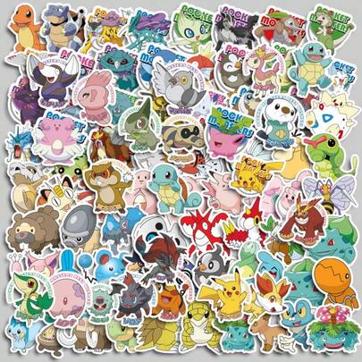 pokemon 100Pcs Anime Washi Stickers, Cute Cartoon Character & Expression Decals, Decorative Stickers For Journal, Phone Case, Water Bottle & Stationery DIY