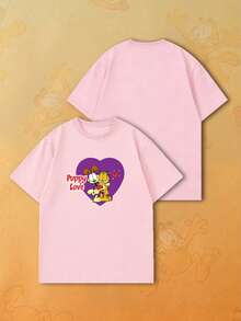 SHEIN | Garfield 女款粉色寬鬆短袖T恤，紫色愛心卡通貓狗小狗Love紅色標語印花，約會街頭穿搭 - 粉色 - 查看 5