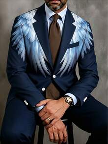 1pc Men's Gradient Wing Print Navy Blue Slim Fit Wrinkle-Resistant Luxury High-End Business Banquet Formal Blazer - Royal Blue - View 4