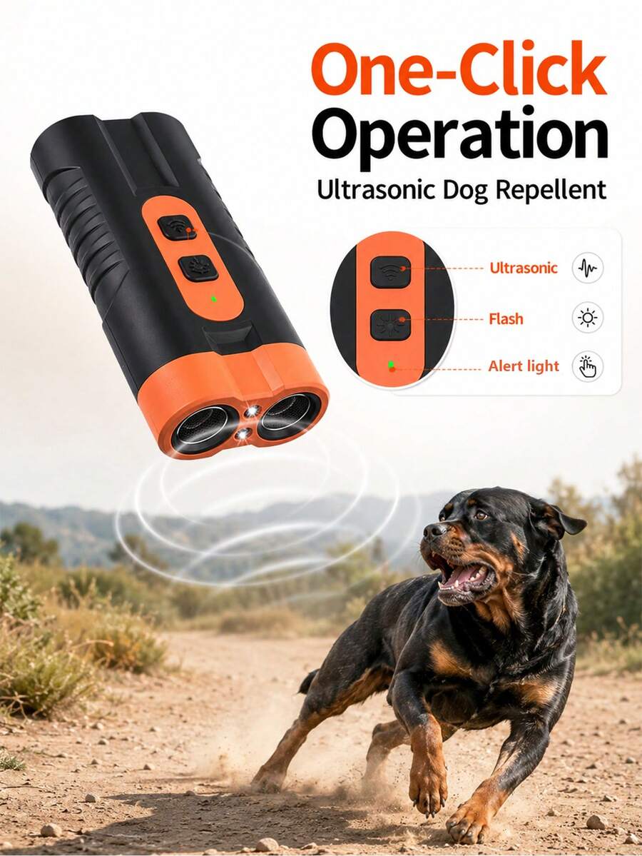 Repelente ultrasónico de perros de mano, detenedor de ladridos de alta potencia de doble núcleo, con linterna LED, repelente ultrasónico de perros mini, dispositivo portátil anti-mordeduras para exteriores, recargable por USB, adaptador no incluido - Naranja - Ver 1