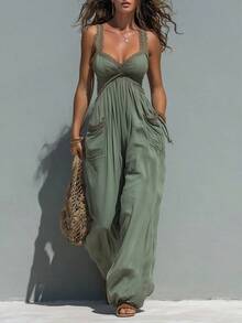 Solid Color Strapless Sleeveless Sexy Long Dress, Vacation Style Jumpsuit Women Boho Vacation Halter Sleeveless Cut Out Long Wide Leg Jumpsuit - Green - View 1