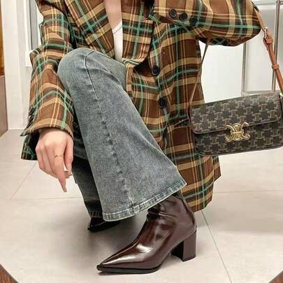 2026 New Women's Shiny Dark Brown Pointed Toe Chunky Heel Ankle Boots, Back Zipper Slimming Elegant Fashion Boots