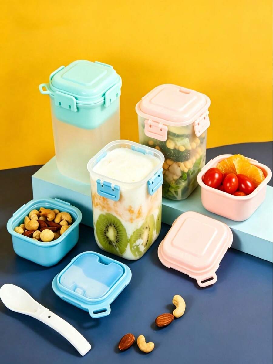 Taza de ensalada de plástico de gran capacidad, portátil y ligera, de doble capa, con capas superior e inferior reversibles y apilables, con doble sellado a prueba de fugas, fácil de limpiar, ideal para yogur, avena, meriendas saludables, picnic, almuerzo y desayuno - Multicolor - Ver 1