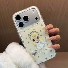 1件裝奶油色背景金髮女孩牽狗星星印花手機殼，適用 17 16 15 14 13 Pro Max，大開孔鏡頭窗透明防摔軟殼 - 黃色 - 查看 2