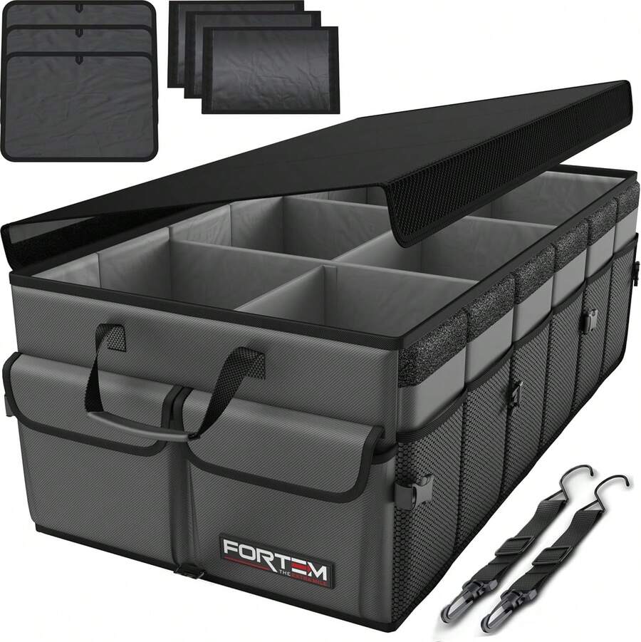 FORTEM Car And SUV Trunk Organizer - Car Storage Organizer - Large Foldable Box With 2 Compartments - Non-Slip Base - Adjustable Straps - Removable Lid (Black) - 灰-10 - 查看 1