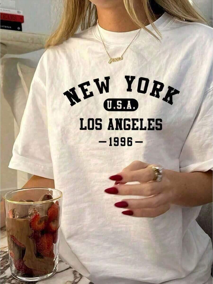 Women's Black Cotton T-Shirt With "New York Los Angeles 1996" Text Print, Round Neck, Breathable, Casual Style, Spring/Summer, Everyday Piece For Travelers, Short Sleeves - 白色 - 查看 1