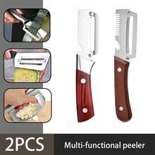 DZDSZQGST  Two-Piece Set Of 304 Multifunctional Stainless Steel Peelers, Wooden Handle Peeling Knife, Suitable For Sugar Cane, Pineapple, Potatoes, Home Kitchen Fruit And Vegetable Peeling Tool - 2 - View 2