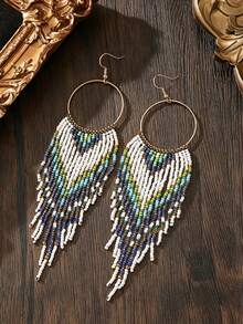 1 par de pendientes de aro con borlas de cuentas de semilla hechas a mano en blanco, verde y azul, pendientes de cuentas, accesorios de estilo bohemio para vacaciones, pendientes largos colgantes vintage para mujer, diseñados para mujer, pendientes de aro redondos, estilo a la altura del hombro, accesorios personalizados para vacaciones, adecuados para fiestas, uso diario y vacaciones - borlas redondas - Ver 1