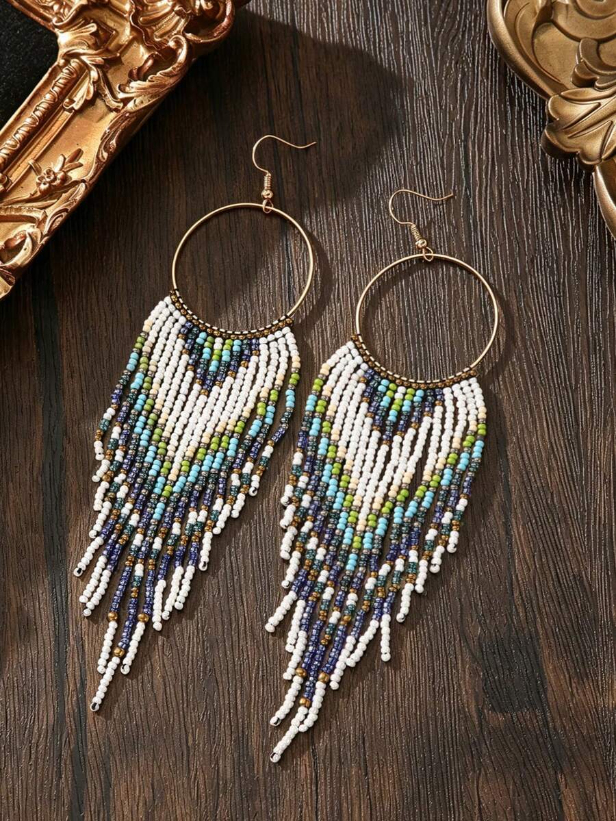 1 par de pendientes de aro con borlas de cuentas de semilla hechas a mano en blanco, verde y azul, pendientes de cuentas, accesorios de estilo bohemio para vacaciones, pendientes largos colgantes vintage para mujer, diseñados para mujer, pendientes de aro redondos, estilo a la altura del hombro, accesorios personalizados para vacaciones, adecuados para fiestas, uso diario y vacaciones - borlas redondas - Ver 1