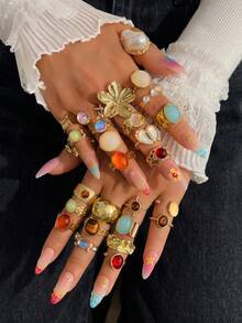 50/36/20/6pcs Women's Bohemian Vintage Fashion Ring Set, Gold-Tone Faux Colorful Gemstone Pearl Asymmetric Polished Tiger Eye Sunflower Wide Geometric Liquid Rings, Exaggerated Old Money Style Stackable Wide Bands, Fashion Elegant Versatile Ring Set (Random Styles) - Yellow Gold - View 3