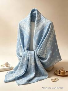 Moemton Light Blue And White Paisley Print Silk Scarf, French Riviera Coast Style Shawl, Soft Vacation Accessory - Blue - View 10