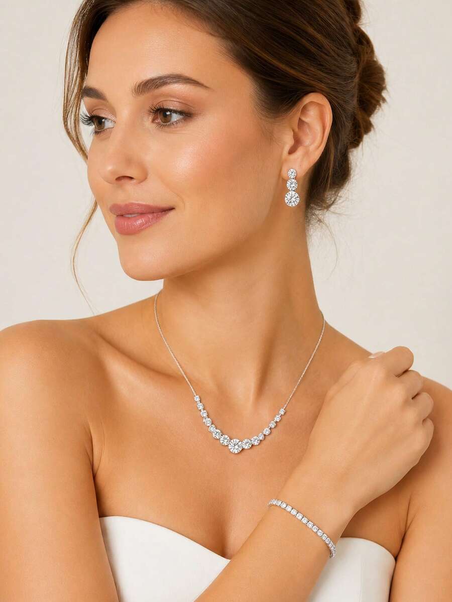 outingfit 4pcs V-Shaped Rhinestone Jewelry Set Bridal Accessories Banquet Minimalist Naked Diamond Necklace Set For Women Summer - Silver - View 1