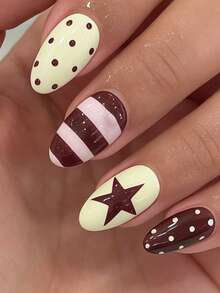 Elevate Your Style 24pcs Oval Nail Tips With Star, Black Polka Dot, Stripe, Yellow, Brown, Pink, Solid Color Base, Natural Brightening, Cool Fashion Y2K Millennium Style, Suitable For Women And Girls, Perfect For Summer Vacation, Travel, Graduation Season, Press-On Removable Reusable Nail Art Set Nails - Multicolor - View 8