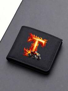 1pc Back To School Mini Cute Cartoon Personalized Fun 26 Excavator Construction Vehicle Flame Letter Print Bifold Wallet, Multiple Card Slots Inside, Can Hold Bank Cards, ID Cards, Cash, Meets Daily Travel Storage Needs. Suitable As Fan Gift, Birthday Small Gift. - Black - View 12