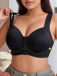 Plus Size Solid Color Front Closure Supportive Bra With Comfortable Wide Straps, Seamless Everyday Underwear - Black - View 5
