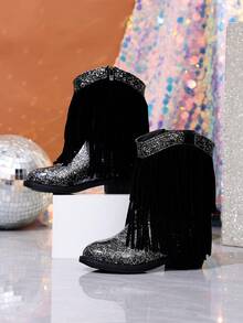 NILOSH Girls' Glitter Tassel Denim Boots, Western Mid-Calf Boots, Suitable For Parties, Dancing And Performances - Black - View 7
