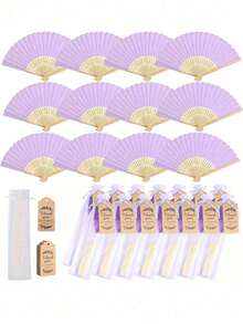 3/9/15/30pcs Elegant Purple Folding Fans With Thank You Tags And Gift Bags, Bamboo Hand Fans For Bride, Bachelorette Party, Wedding, Bridal Shower, Bridesmaid, Photo Props, Bridesmaid Gifts And Wedding Decor - Purple - View 4